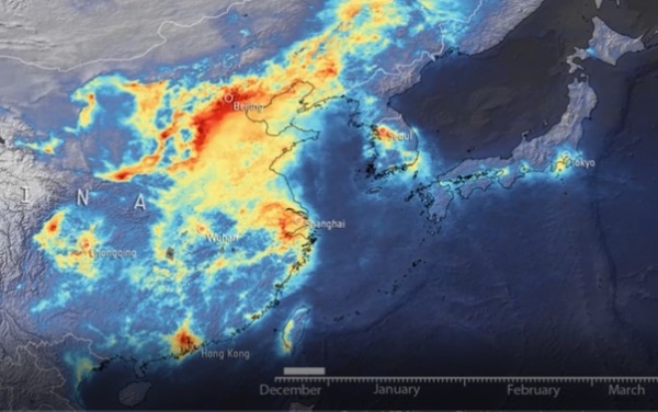 (2019년 1월 동아시아 위성사진, ESA Nitrogen dioxide emissions over China 동영상 캡쳐)