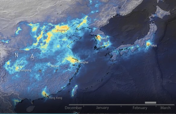 (2020년 2월 동아시아 위성사진, ESA Nitrogen dioxide emissions over China 동영상 캡쳐)