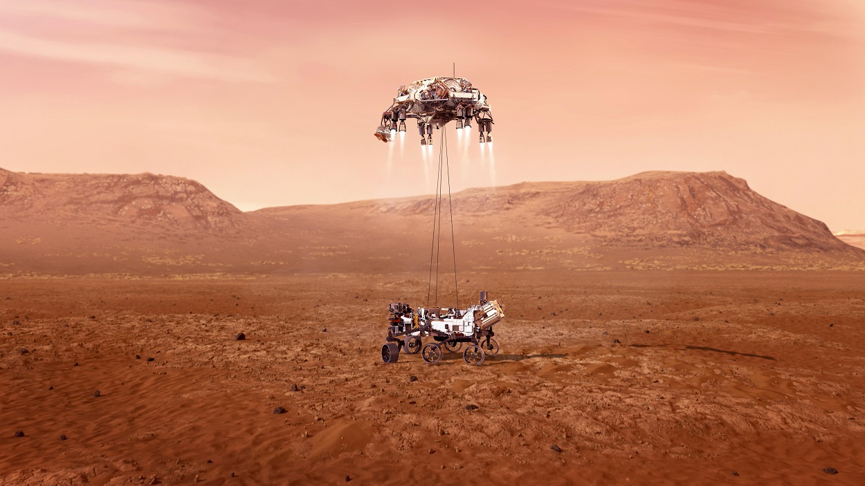 NASA의 인내 로버가 화성에 안전하게 착륙하는 모습. 로버가 2021 년 2 월 18 일에 안전하게 착륙하려면 수백 개의 중요한 이벤트가 제 시간에 완벽하고 정확하게 실행되어야합니다. 크레딧 : NASA / JPL-Caltech