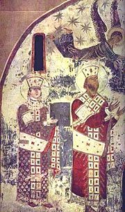 (타마르(왼쪽)와 아버지 게오르게 3세(오른쪽). 바르지아에 있는 성모 안식 교회에 있는 가장 오래된 타마르의 초상화. 1184~1186년경)