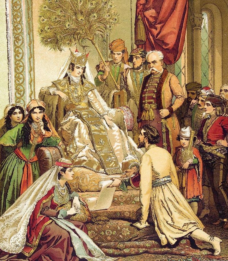 (쇼타 루트타벨리가 타마르 여왕에게 그의 시를 낭송하고 있다. 헝가리인 예술가 미할리 지치의 그림 (1880년대)