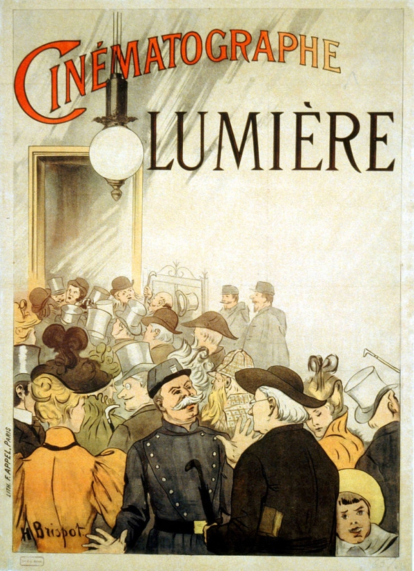 뤼미에르 형제가 최초의 대중상대 영화 상영을 알리는 포스터 (1895)<br>