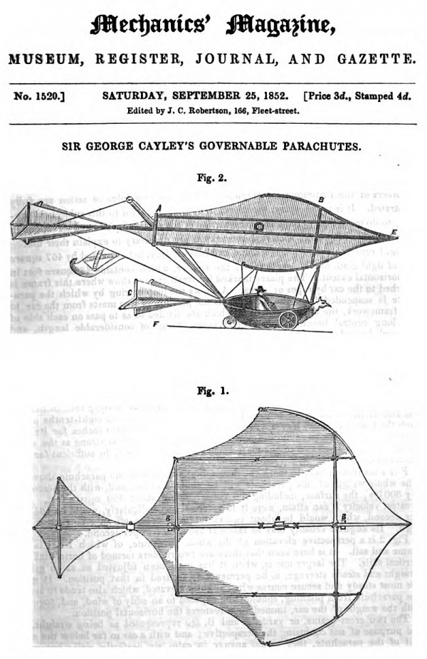 영국의 과학자 조지 케일리가 1852년 설계한 글라이더. ‘하늘 높이에 인간을 신뢰할만한 수준으로 수송할 수 있도록’ 보고된 최초의 글라이더로 꼽힌다. <br>