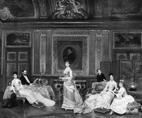 유럽 귀족사회를 연상시키는 1900년쯤 ‘뉴욕400’ 멤버들의 거실 모임. ‘사교계의 여왕’ 캐롤라인 애스터(가운데 서 있는 이)의 초대를 받는 것은 곧 뉴욕 주류사회의 편입을 의미했다. 퍼블릭도메인