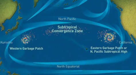 태평양에 떠돌고 있는 쓰레기더미(Pacific Garbage Patch)를 나타낸 미 국립해양대기청(NOAA; National Oceanic and Atmospheric Administration)의 해양지도. 플라스틱을 중심으로 한 쓰레기 더미가 한반도보다 큰 넓이로 뭉쳐 다니는 것을 볼 수 있다. 2010년에 제작되었는데, 이후 쓰레기더미가 더 커졌다는 증거사진은 발표되지 않았다. 자료: 미 국립해양대기청. NOAA
