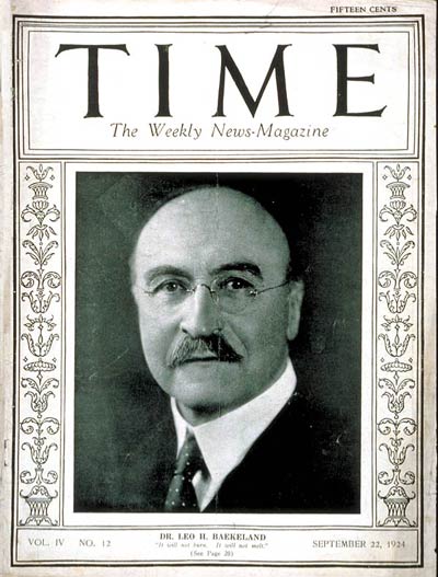 1907년 최초의 순수 인공 합성물질 ‘베이클라이트’를 발명한 레오 헨드릭 베이클랜드. 1924년에 그를 표지인물로 선정한 타임지는 ‘불에 타지도, 녹지도 않는다’는 제목으로 플라스틱을 소개했다. 공개도메인
