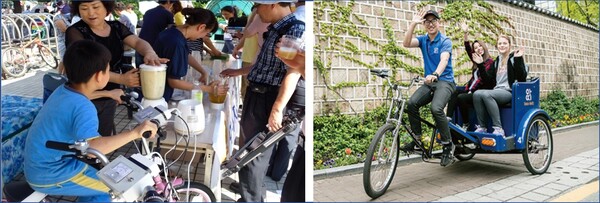 자전거 발전기 체험과 자전거 셔틀 택시. 사진=서울시 제공